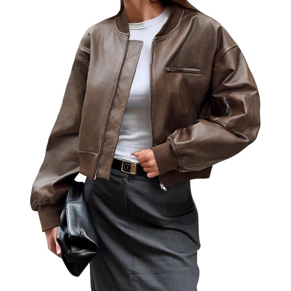 🆕Women Brown Faux Leather Cropped Bomber Jacket Baseball Collar Zip Up